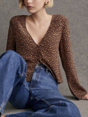 Sezane Albino Brown Leopard Print Silk Blouse Size 38